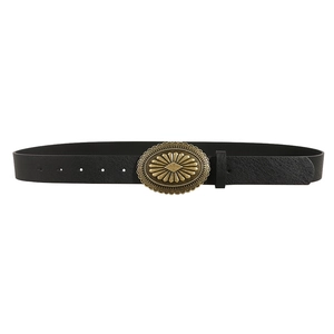 Retro black leather belt with oversized vintage bronze oval buckle featuring floral patterns