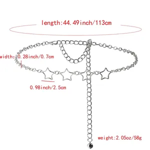 Adjustable silver star metal chain belt for women with hollow star charms for dresses