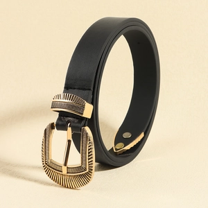 Chic black leather belt for women with large vintage embossed gold buckle and metal tip