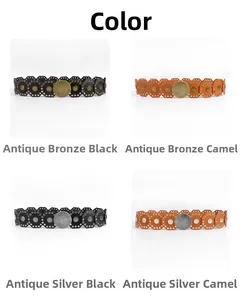 Four colors of vintage wide belts with octagon studs and textured metal buckles