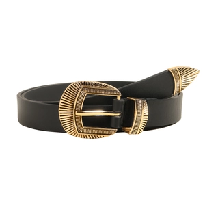 Women's vintage black leather belt featuring a relief-engraved gold horseshoe buckle