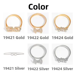 Detailed grid showing metal stretch belts with square, bow, and floral buckles in gold and silver