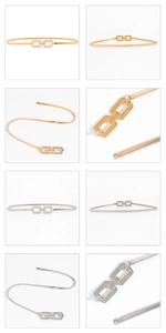 Close-up of elastic metal belt with double rectangle crystal buckle in gold and silver