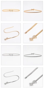 Detailed views of gold and silver thin elastic metal belts with rhinestone bow buckle