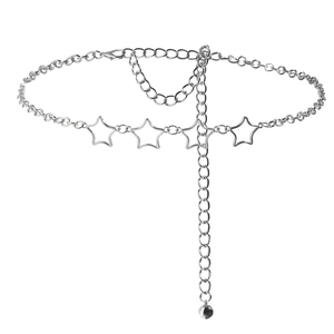 Women's star charms silver metal waist chain with adjustable lobster clasp on white background