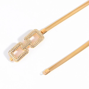 Women's gold elastic spring belt with sparkling rhinestone buckle for dresses