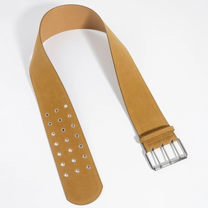 Detail of camel velvet wide belt featuring triple silver grommets and big three-pin buckle