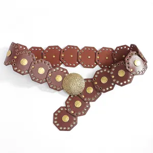 Vintage bohemian wide leather belt with octagonal patches and bronze metal buckle