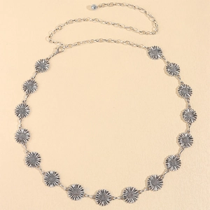 Vintage zilveren metalen heupketting met zonnebloembedels en verstelbare karabijnsluiting