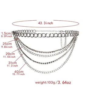 Fashion multi-layer silver metal waist chain for women with sparkling rhinestones decoration