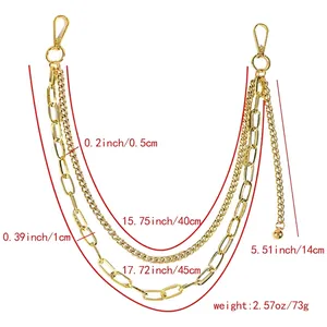 Three-layer gold hip-hop wallet chain for jeans with lobster clasps and ball pendant