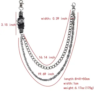 Double-layered silver metal biker pants chain with skull accent and lobster clasps