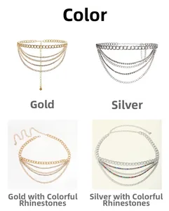 Detail view of multi-layer metal waist chains in gold and silver with colorful rhinestones