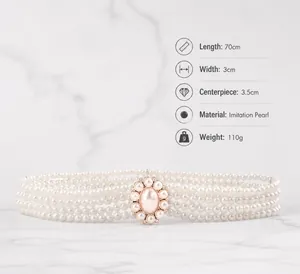 Detail van de elastische vierrijige pareltaille-riem met ovale parelgesp voor jurken