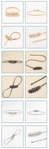 Détails de boucles en forme de feuilles sur ceintures élastiques dorées et argentées