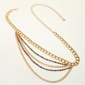 Fashionable gold multilayer waist chain with colorful rhinestones and adjustable links
