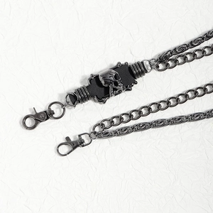 Hip hop biker wallet chain with metal skull pendant and double link straps on white background