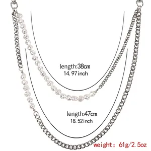 Chaîne de jean double épaisseur à la mode avec perles et métal argenté, longueurs 38 et 47 cm