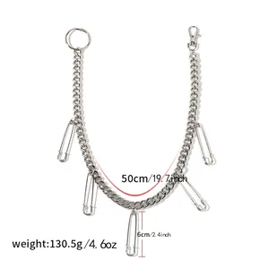 Silver punk style multi-layer metal waist chain with safety pins and lobster clasp hooks