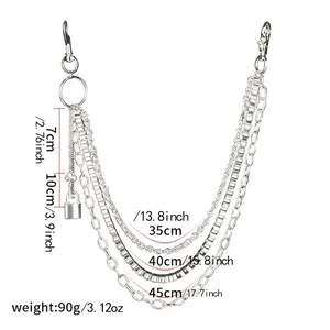 Punk silver multi-layer metal pants chain with lock and key charms in a 3-tier design