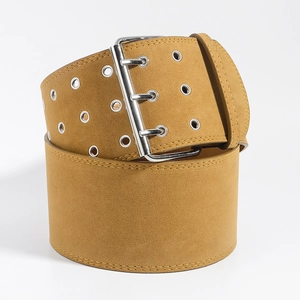 Fashionable ochre suede wide waist belt with triple row silver metal buckles for women