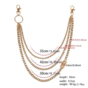Three-layer gold metal hip-hop waist chain with Cuban links and lobster clasps