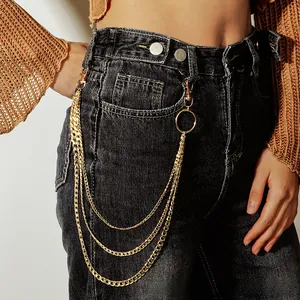 Close-up of triple-layered golden metal hip-hop pants chain with large ring and lobster clasps