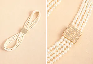 Detail van vierrijige parelelastische riem met een luxe gouden vierkante gesp met stras