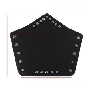 Black leather knight gauntlet detail with silver rivets and size measurements in cm
