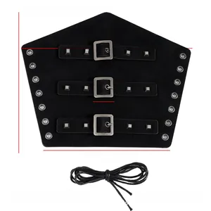 Detail view of medieval faux leather bracers featuring metal buckles and silver rivets