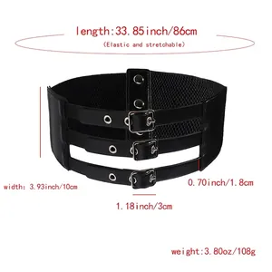 Retro black wide elastic waist belt with triple metal pin buckles for dresses and suits