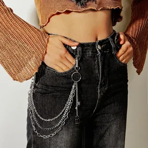 Hip Hop Punk Triple Layer Metal Waist Chain Silver Pants Chain With Padlock And Key Pendants Streetwear Accessory Jewelry