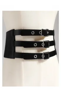 Detail view of black PU leather corset belt with triple silver buckles on a white mannequin