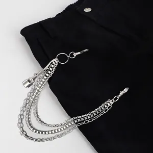 Three-layer punk hip hop metal trousers chain with lock pendant on black pants