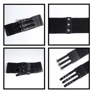 Detail of black elastic corset belt with three silver metal buckles and leather texture