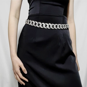Women Fashion Chunky Chain Waist Belt Punk Alloy Cuban Link Gold Silver Rhinestone Decorative Waist Chain For Dress Shirt