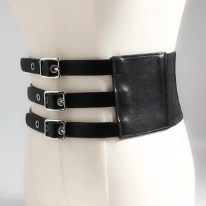 Detail of black wide elastic corset belt featuring triple silver metal pin buckles for women