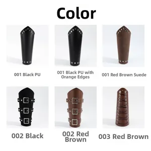 Detailed grid of medieval PU leather bracers in black and brown with diverse strap styles