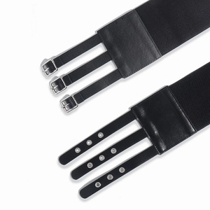 Vintage black wide elastic waist belt with triple silver pin buckles for women's dresses