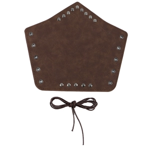 Detailed close-up of dark brown medieval faux leather gauntlet with metal rivets and laces