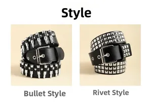 Détail de ceintures Y2K noires avec des clous de balle et des rivets pyramidaux punk