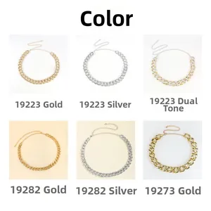 Comparison of acrylic and metal waist chains in gold, silver, and two-tone finishes