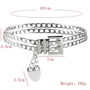 Double-layer silver metal waist chain belt with heart pendant and rectangular buckle
