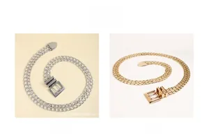 Detail showing gold and silver double-layered metal waist chains with square buckles