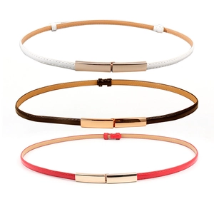 Women's Skinny PU Leather Stretchable Waist Belt Retro Artsy Alloy Interlocking Buckle Thin Belt For Dresses Jeans Accessories