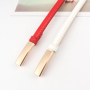 Minimalist red and white leather waist belts for women with polished gold metal buckles
