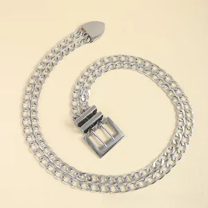 Detail of silver double-layered chain belt with square double-prong buckle and metal tips