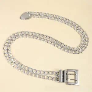 Detail of silver double-layered chain belt with shield tips and a rectangular double-prong buckle