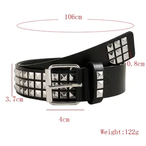 Ceinture punk rock noire en cuir Y2K avec triple rangée de clous argentés et boucle carrée