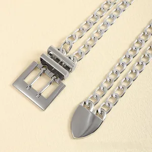 Close-up of silver metal double-layered chain belt with polished rectangular buckle